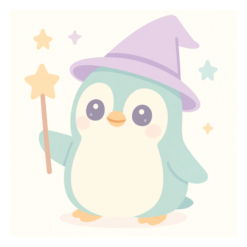 a penguin dressed as a wizard, with a pointy hat and a magic staff, whimsical style sticker