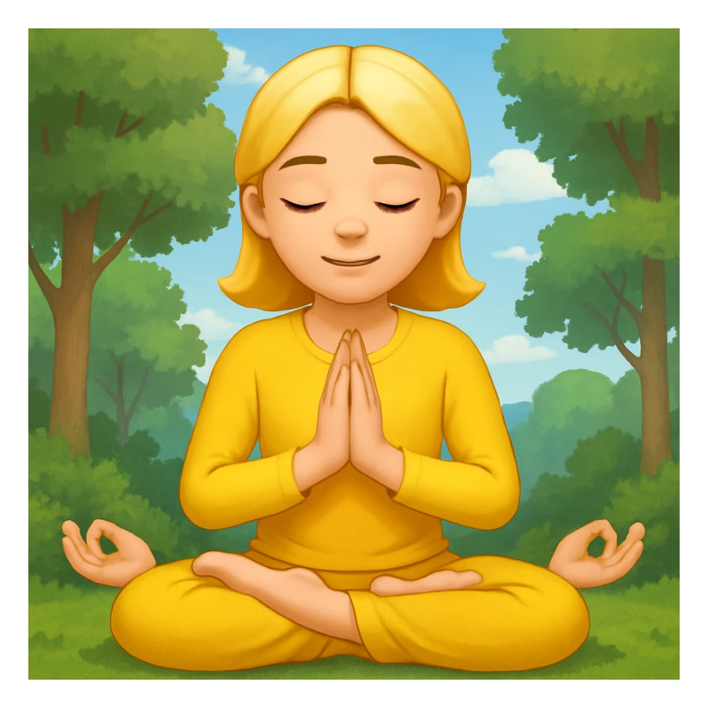 Add a peaceful nature background with trees and sky behind the meditating emoji, keep the classic emoji style sticker