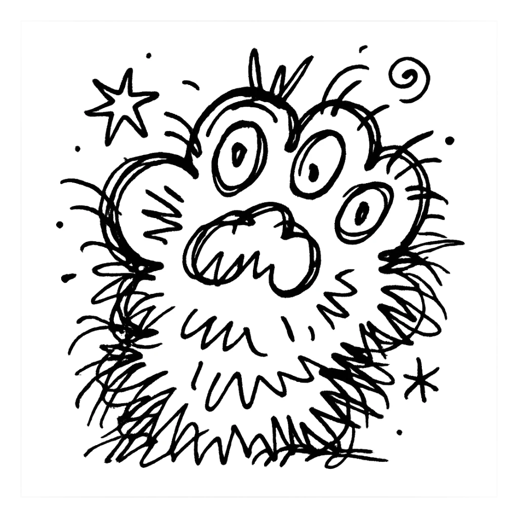 fluffy cat paw, chaotic doodle style, energetic lines, whimsical sticker