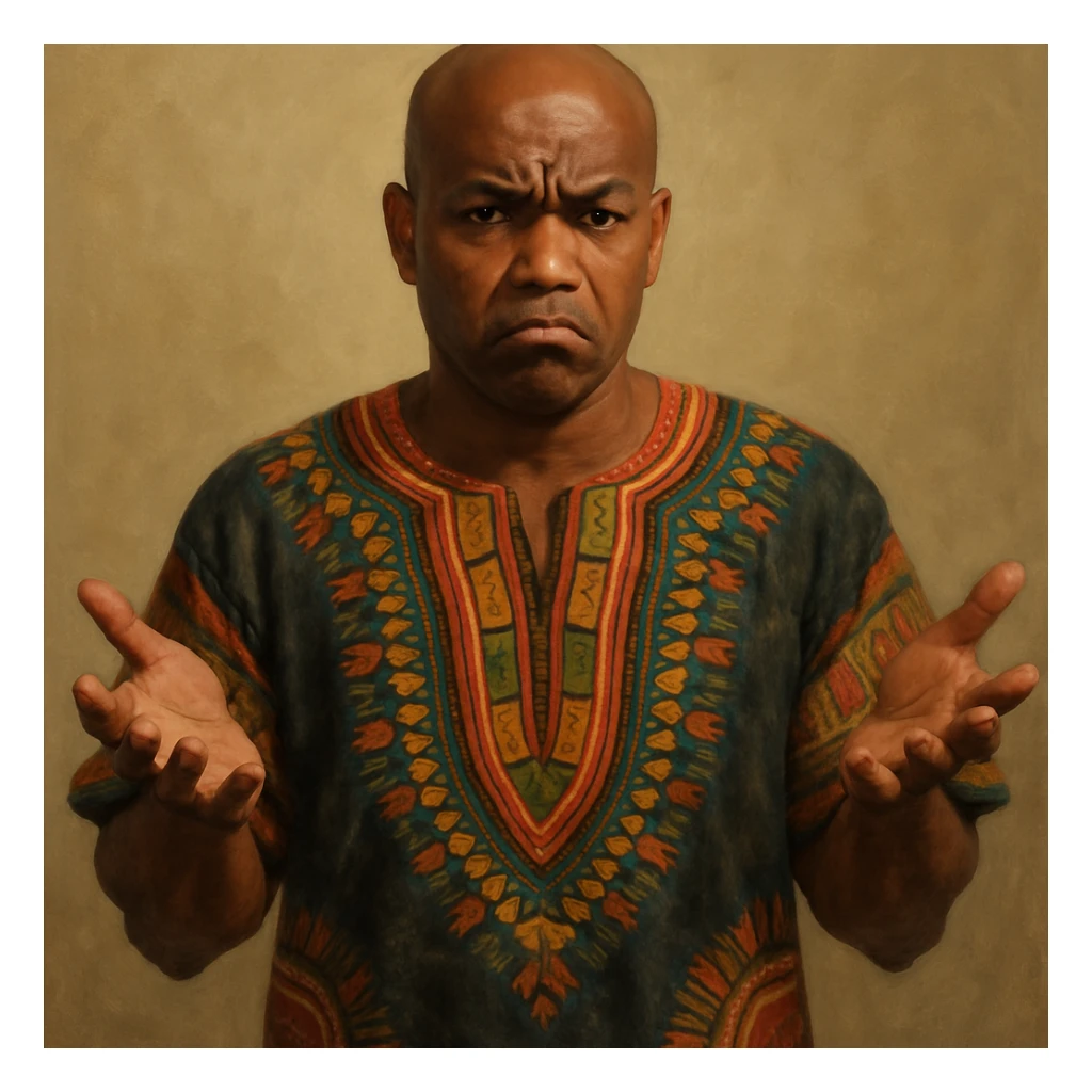 Сгенерируй мне афроамериканца в национальном африканском костюме, лысого,  . Строго в анфас. Его лицо чуточку недовольно, а руками он размахивает и разводит в сторону. На однородном фоне. В стиле реалистичной живописи. Он полностью помещается в экран и не обрезается краями изображения sticker