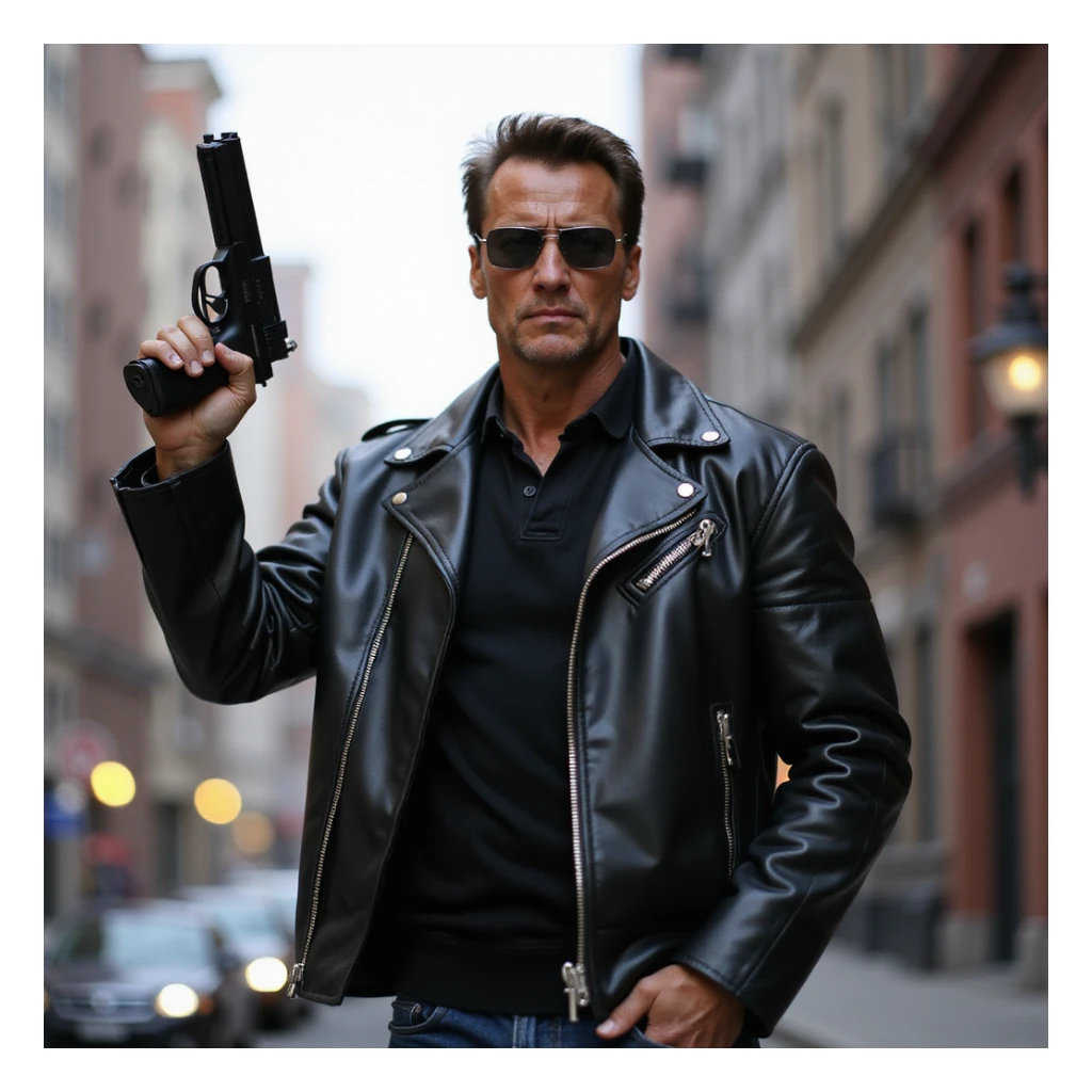 realistic style, full-body Terminator (Arnold Schwarzenegger) in leather jacket, holding a gun raised, urban background sticker