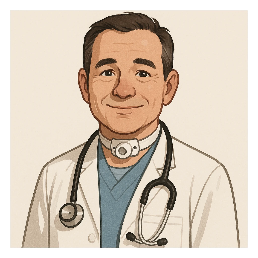 doctor character, tracheostomy tube in neck, stethoscope, friendly expression, clean background, digital art style sticker