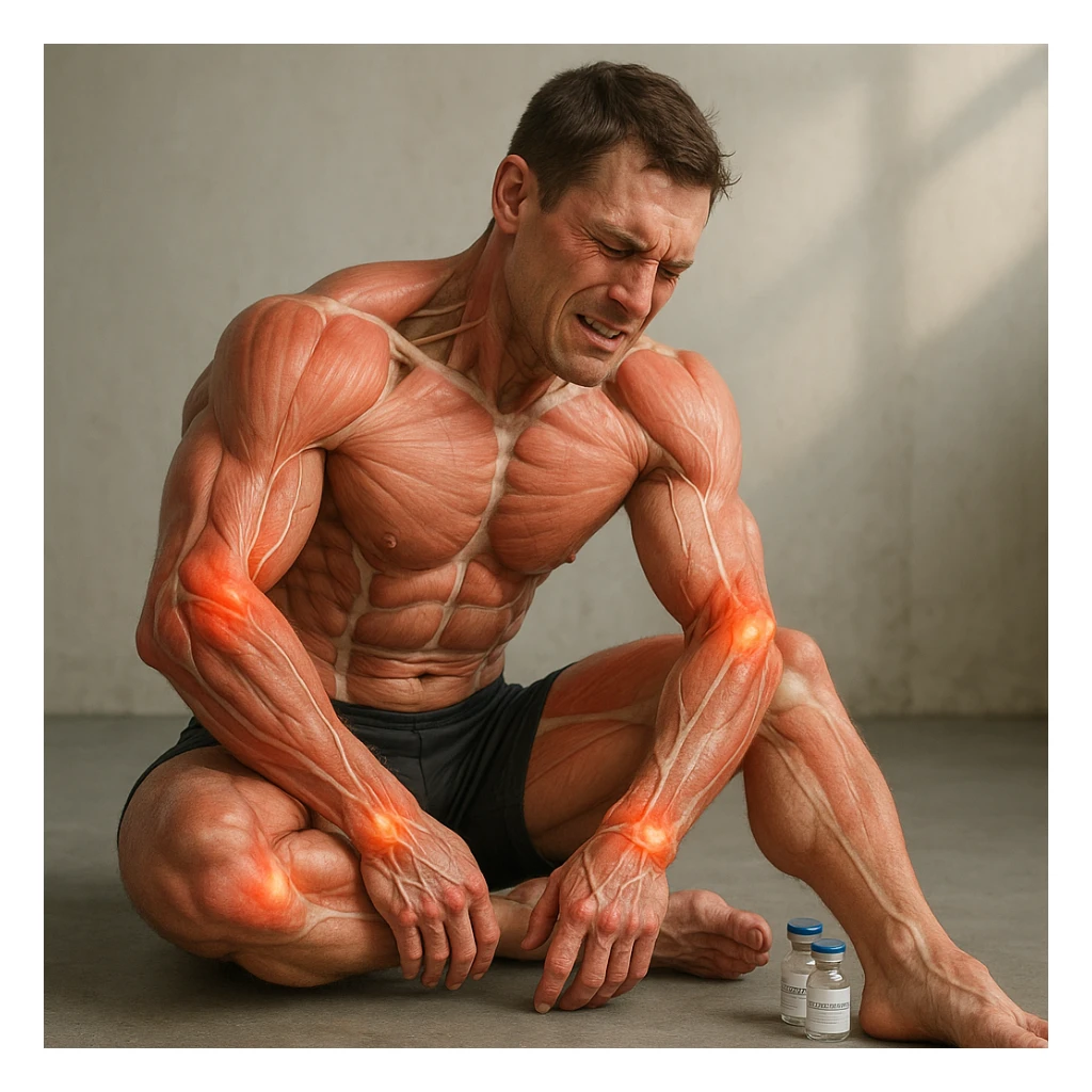realistic and anatomical crossfit athlete with widespread joint problems (shoulders, elbows, knees, wrists), visible muscles and joints, pained expression, vials labeled 'Stanozololo' nearby, natural light, neutral background sticker