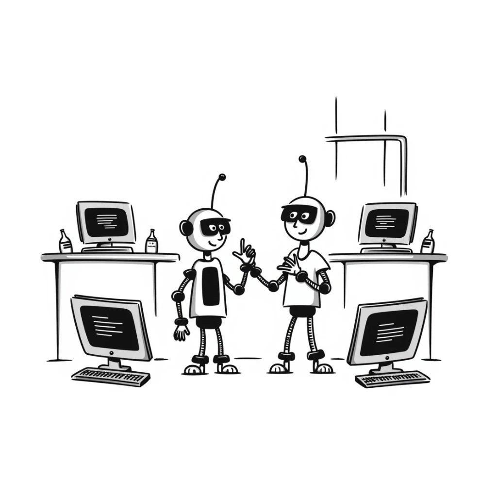 A robotics lab with mechanical arms and old CRT monitors sticker