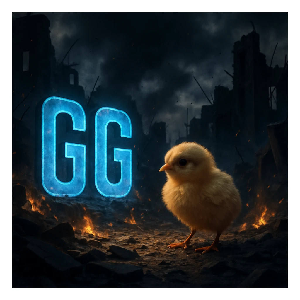 A small chick in an apocalyptic environment with large, bright blue letters 'GG' prominently displayed, dramatic and contrasting style, dark and impactful atmosphere, conveying a sense of hope amidst chaos and ruins. sticker