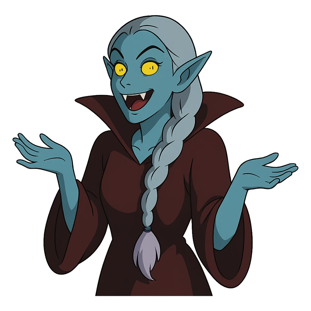 1 female, single long white braid with lavender tips. Vampire with blue skin and glowing gold yellow eyes. Meme pose sticker
