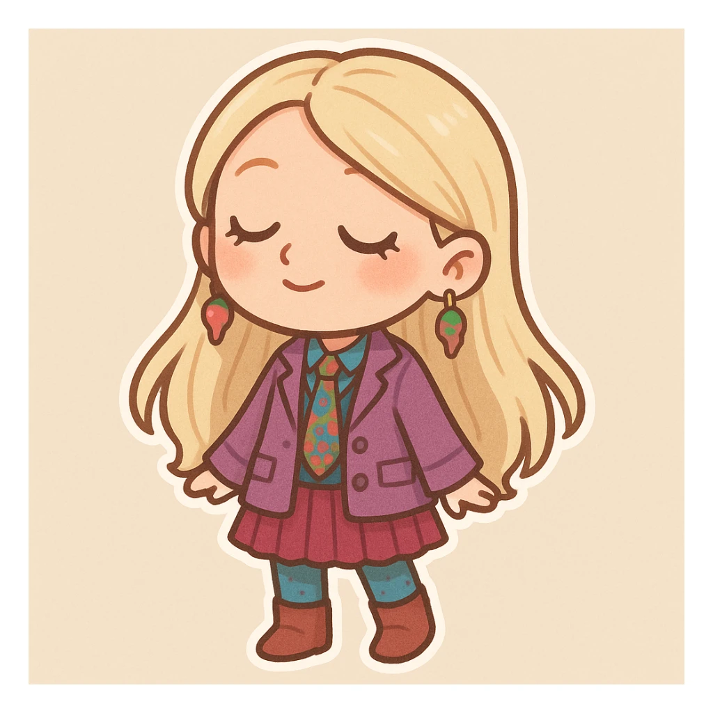 chibi sticker style character inspired by Luna Lovegood, light blonde long straight hair, dreamy expression, wearing colorful eccentric clothes, light beige background sticker