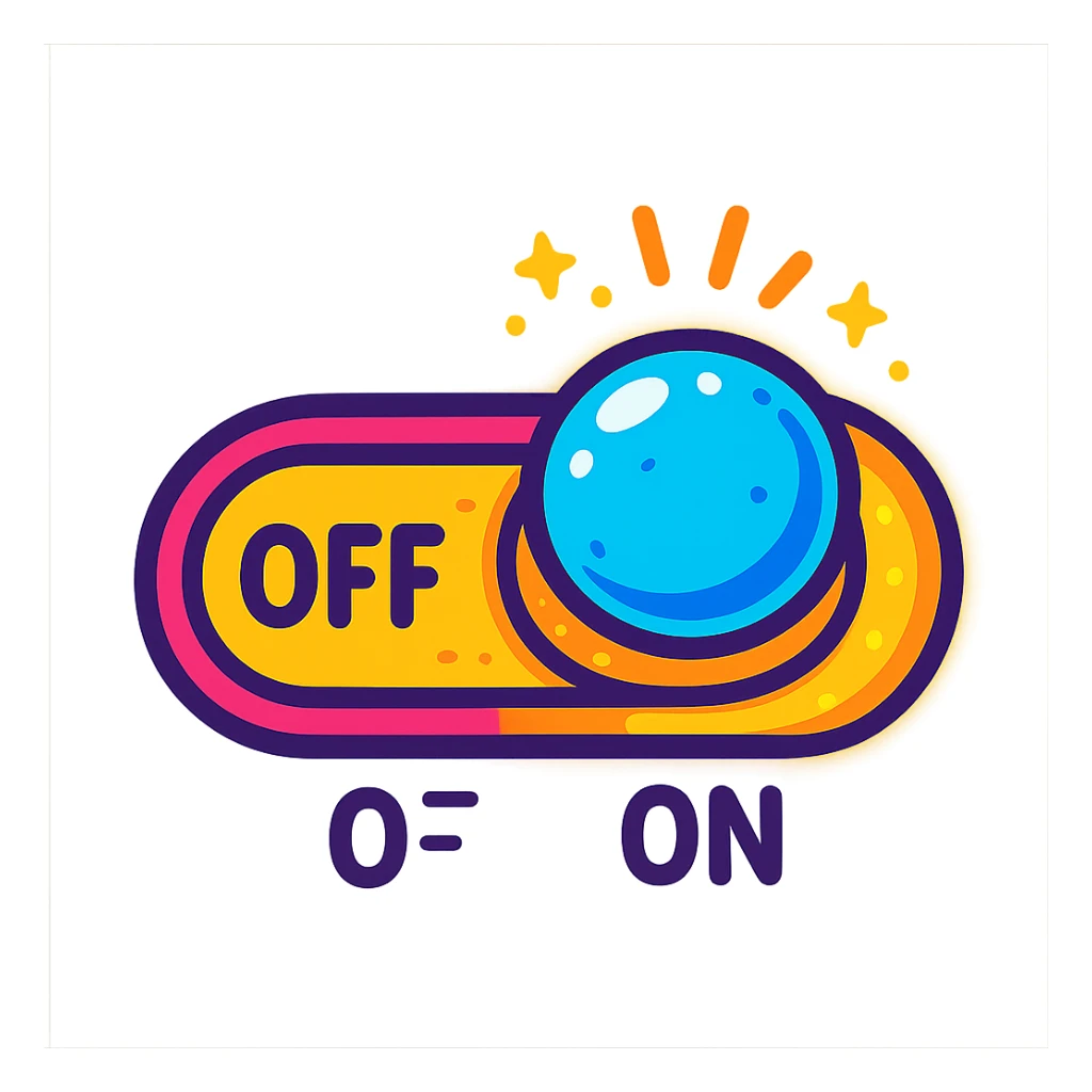 cartoon-style toggle switch button, vibrant colors, playful, ON/OFF label, glowing, event system theme sticker