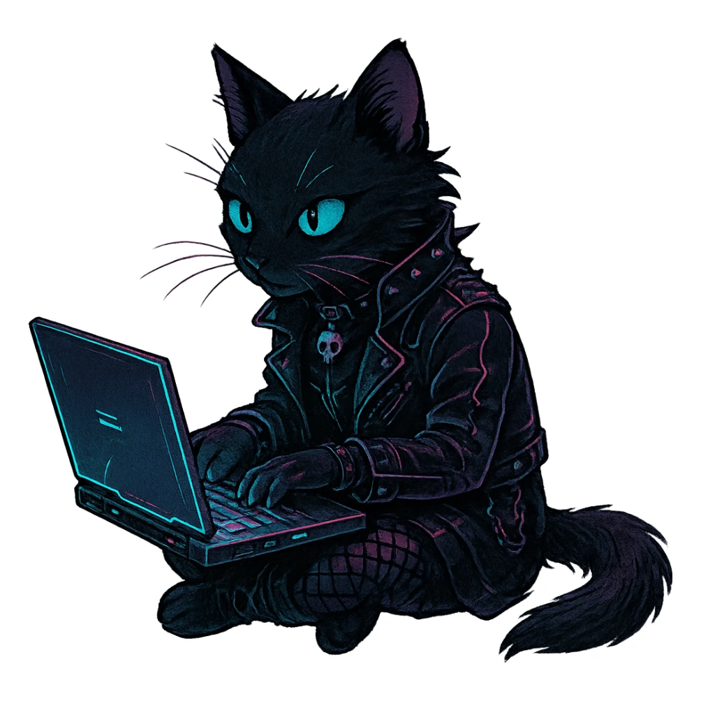  [[[it's a black cat typing at a laptop]]], , punk gothic style, futuristic cyberwave cyberpunk, sitting position
 sticker