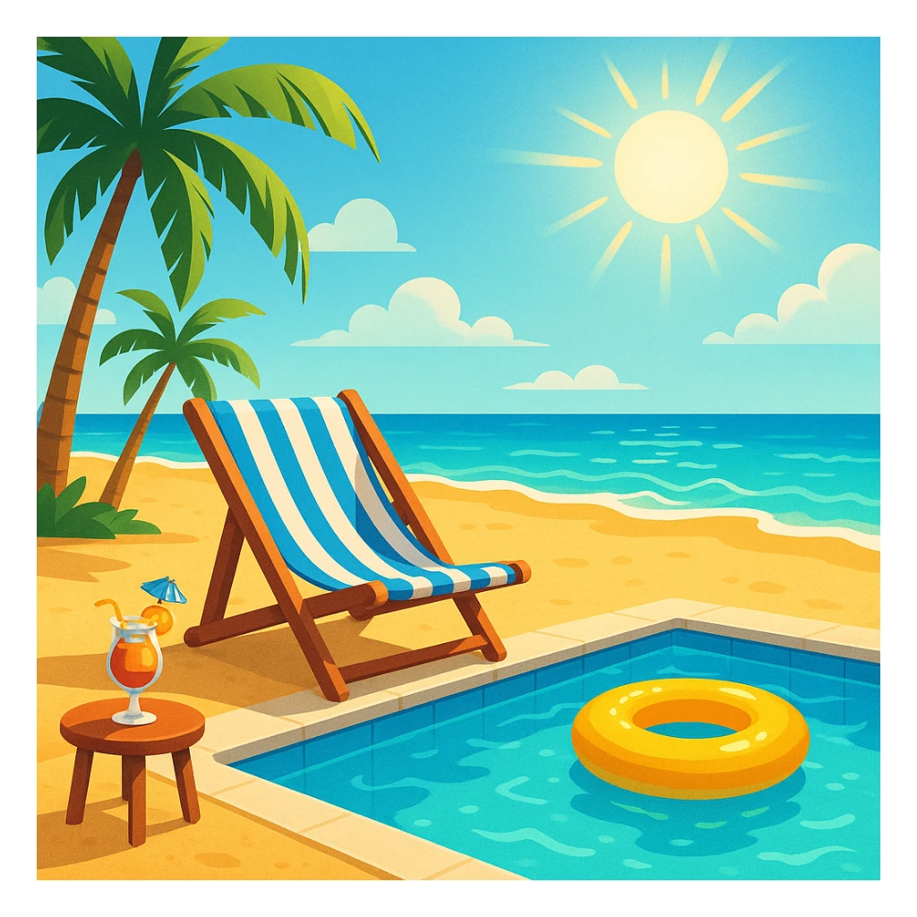 изобрази на картинке пляж, шезлонг, солнце, надувной круг, бассейн, коктейль sticker