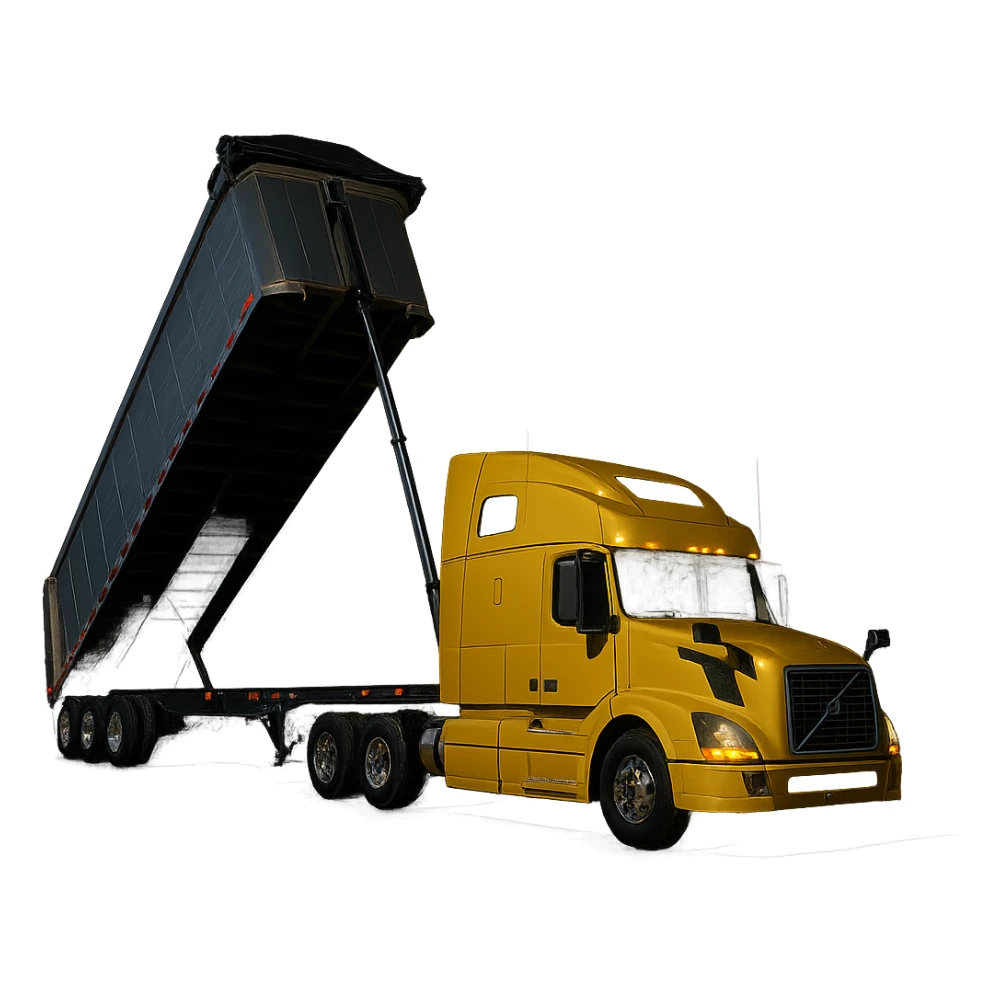 long silver end dump trailer hooked to a Volvo yellow semi sleeper truck, trailer in dump position, photorealistic night scene, crisp details, no background sticker