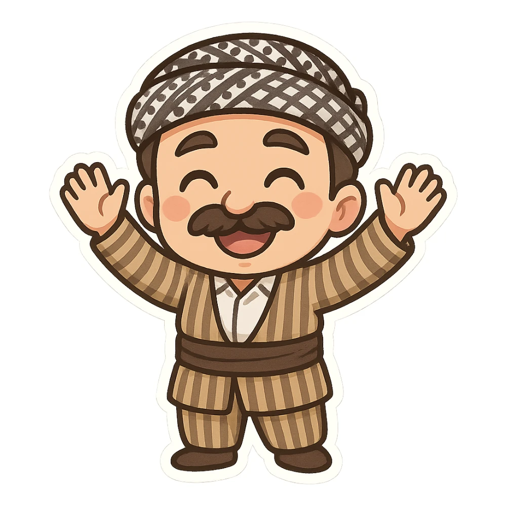 Kurdish man in traditional striped suit (jamadani), mustache, smiling and raising hands in celebration, cartoon style, sticker, no text sticker