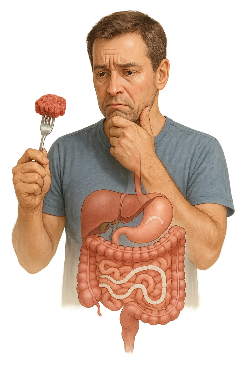 A realistic, high-quality medical illustration showing a concerned man in his early 40s holding a piece of raw beef tartare on a fork, looking at it with a worried expression. Behind him, a transparent overlay of his digestive system reveals the presence of Taenia saginata (beef tapeworm), depicted as a long, segmented white worm inside his intestines, symbolizing the infection. The environment is a kitchen with bright but neutral lighting, creating a serious educational tone. Subtle anatomical highlights and clean medical graphics convey the concept of parasite transmission through undercooked beef, emphasizing food safety and health awareness. sticker
