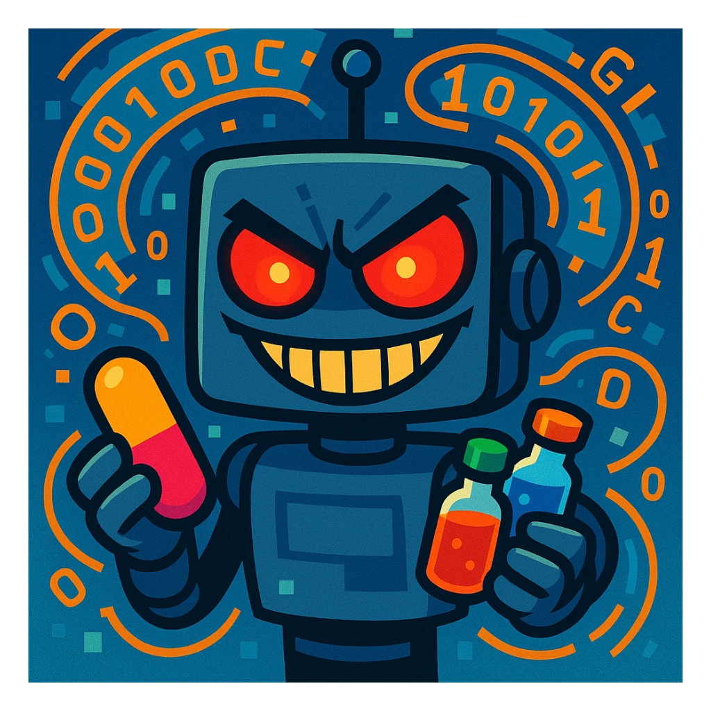an evil AI character with a mischievous grin, glowing red eyes, surrounded by swirling digital code, holding colorful pills and vials, vibrant cartoon style sticker