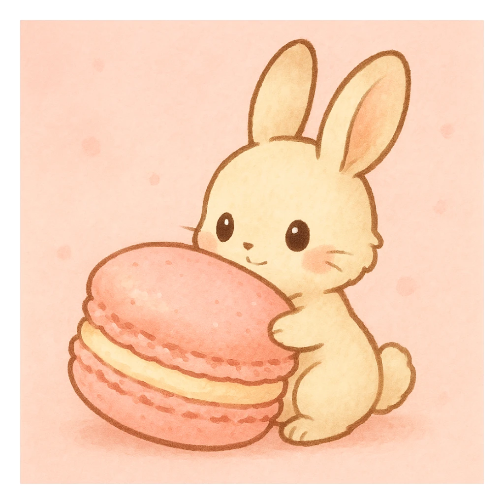 ghibli style chibi bunny holding a giant macaron, soft pink background, pastel dessert theme, adorable illustration sticker