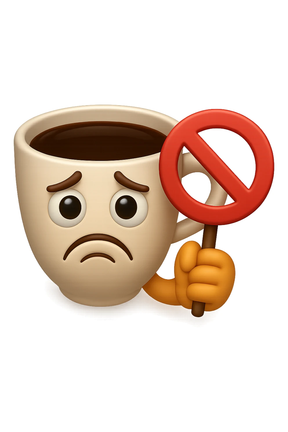 emoji stile iphone di una tazzina di caffè con espressione triste in volto mentre tiene un divieto in mano, iperrealistico 4k sticker