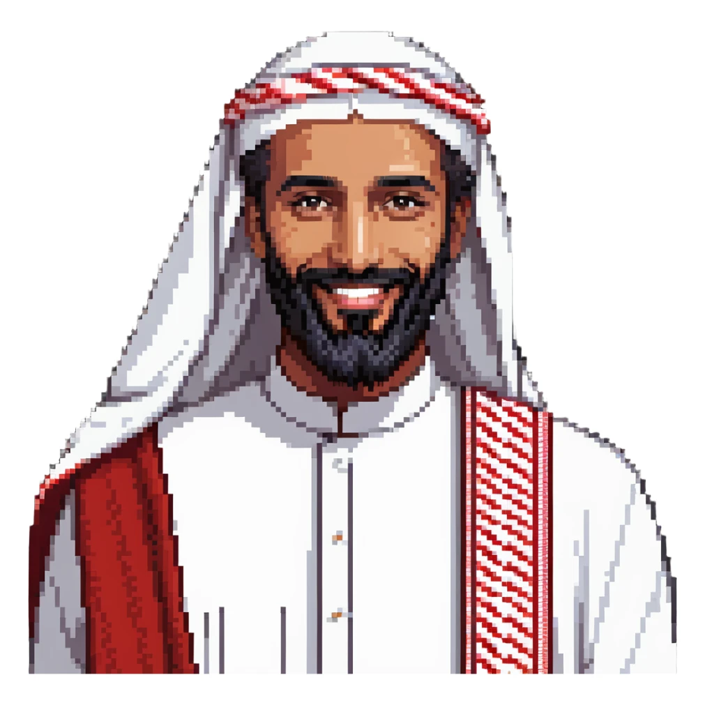 pixel art inspired Saudi man with wide beard, sharp facial features, white thobe, red shemagh, smiling warmly sticker
