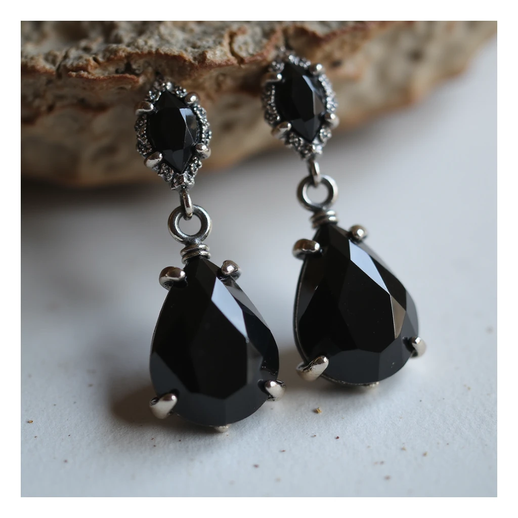 realistic goth earrings, black crystal teardrop, faceted gemstone, shimmering gothic sticker