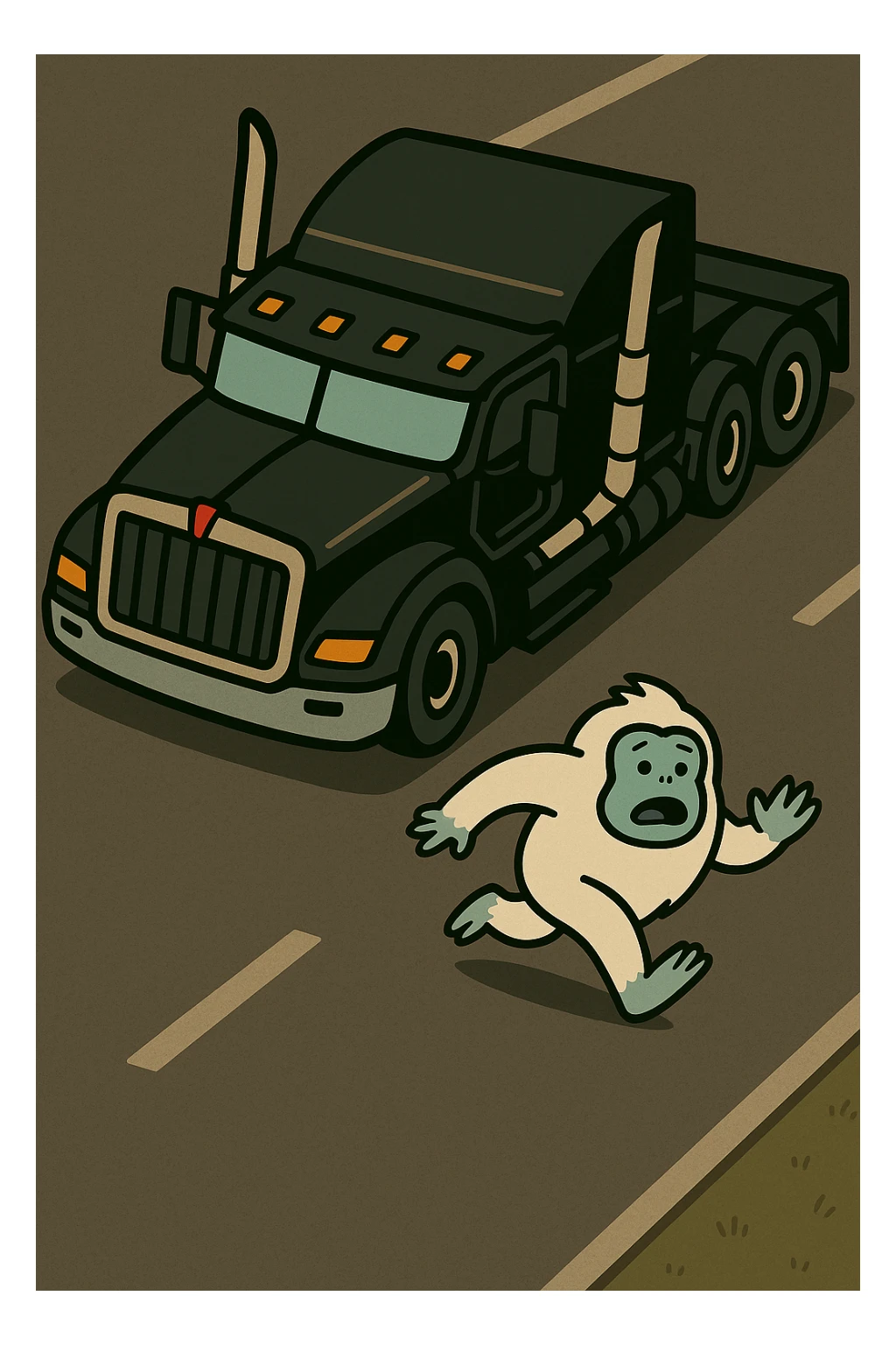 Place the tiny abominable snowman directly on a road in front of the black 2026 Kenworth W680 flat top semi sleeper, top-down cartoon style, no text, with a visible road background. sticker