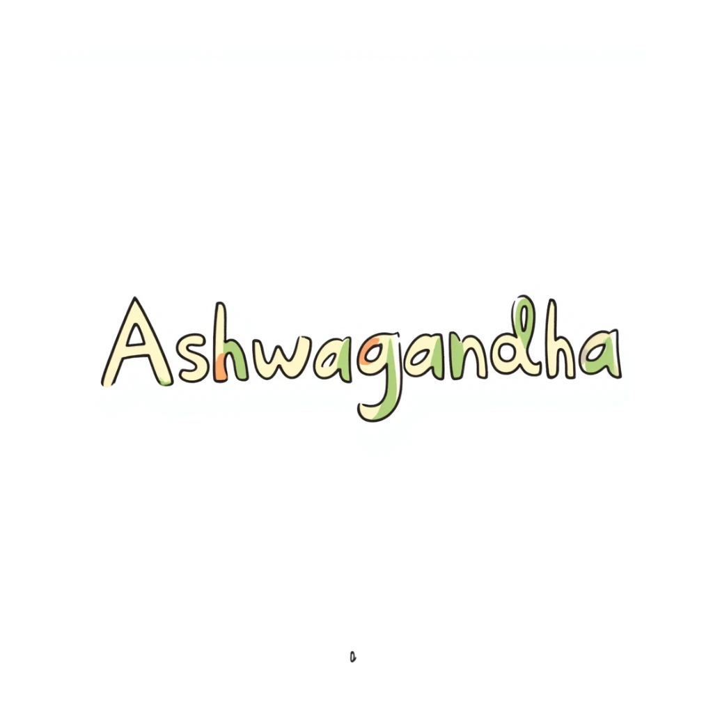 The word "Ashwagandha" hand-drawn in white/cream colored text with just a few green and orange accents. Simple doodle style. sticker
