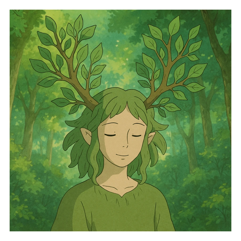 a whimsical forest spirit with leafy antlers, ghibli style sticker