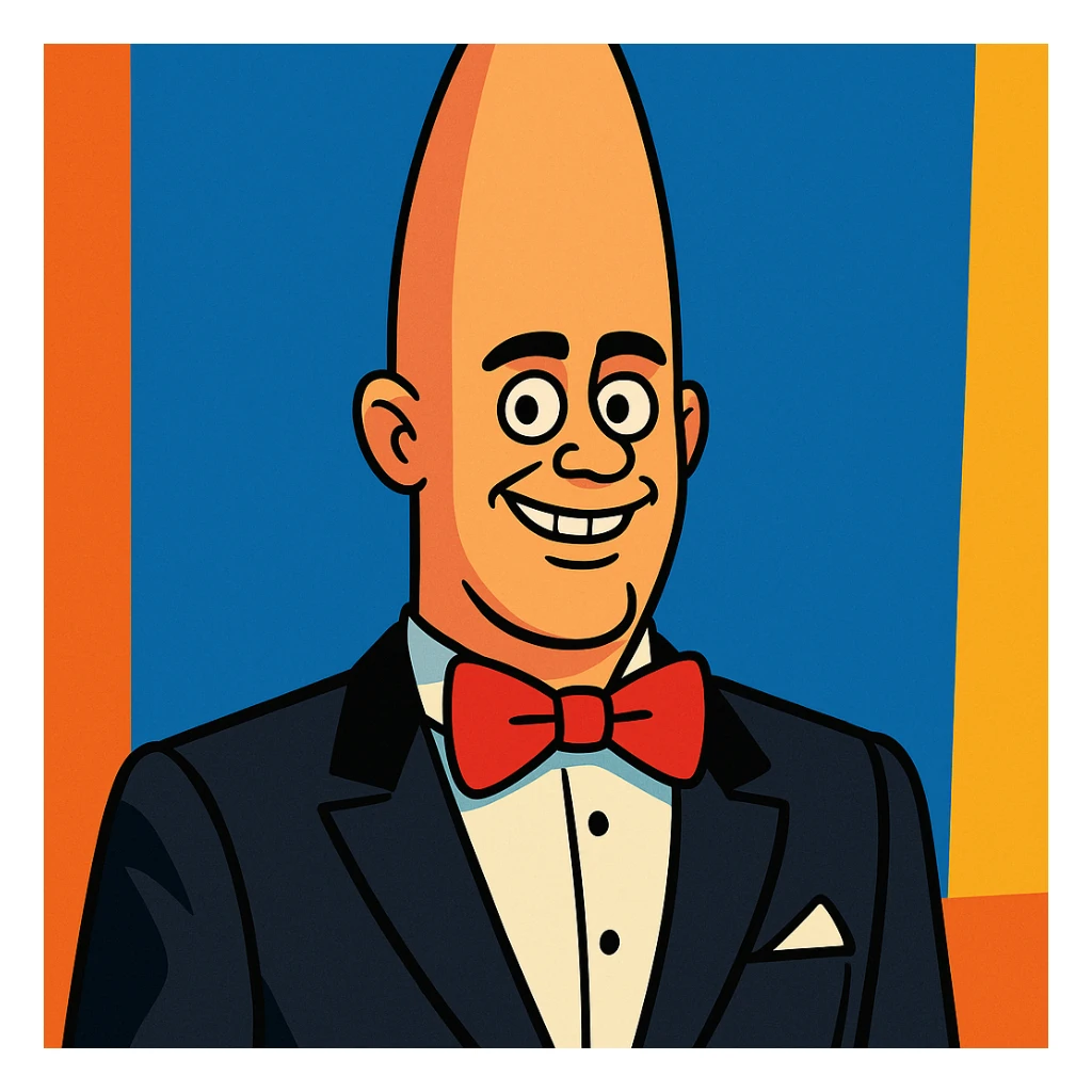 Coneheads man with a very tall cone-shaped head, wearing a tuxedo, vibrant cartoon style sticker