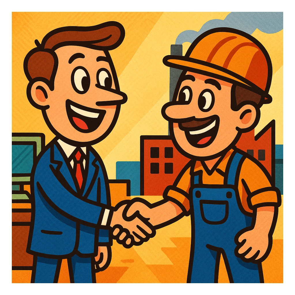 cartoon style office worker shaking hands with factory worker, large heads, exaggerated emotions sticker