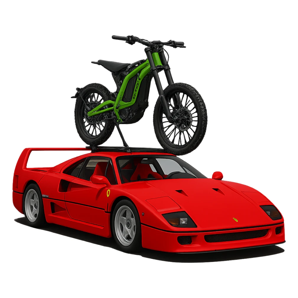 Replace the two bikes with one Sur-Ron electric bike with a green frame, mounted on the roof rack of the Ferrari F40. Keep the background transparent. sticker