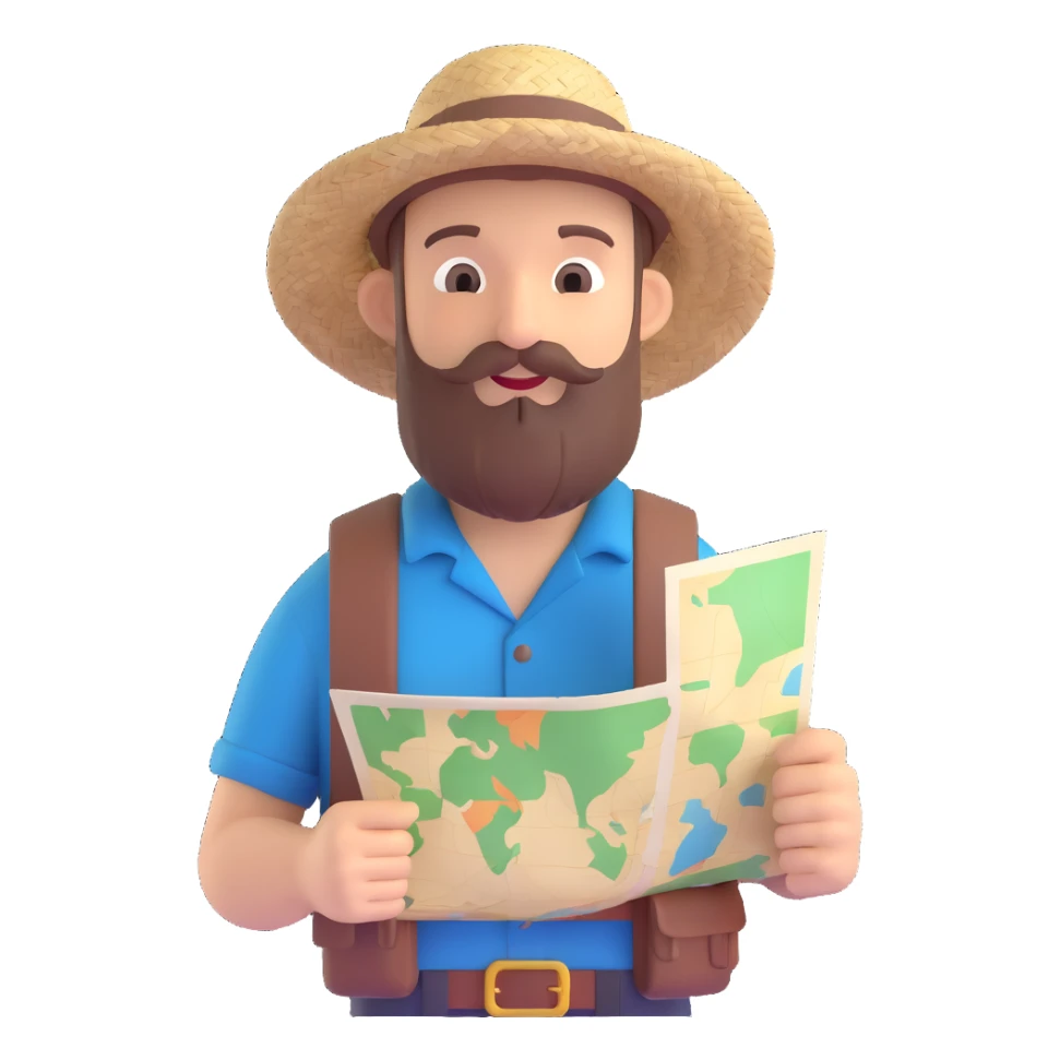 bearded traveler with a straw hat, holding a map, casual outfit sticker