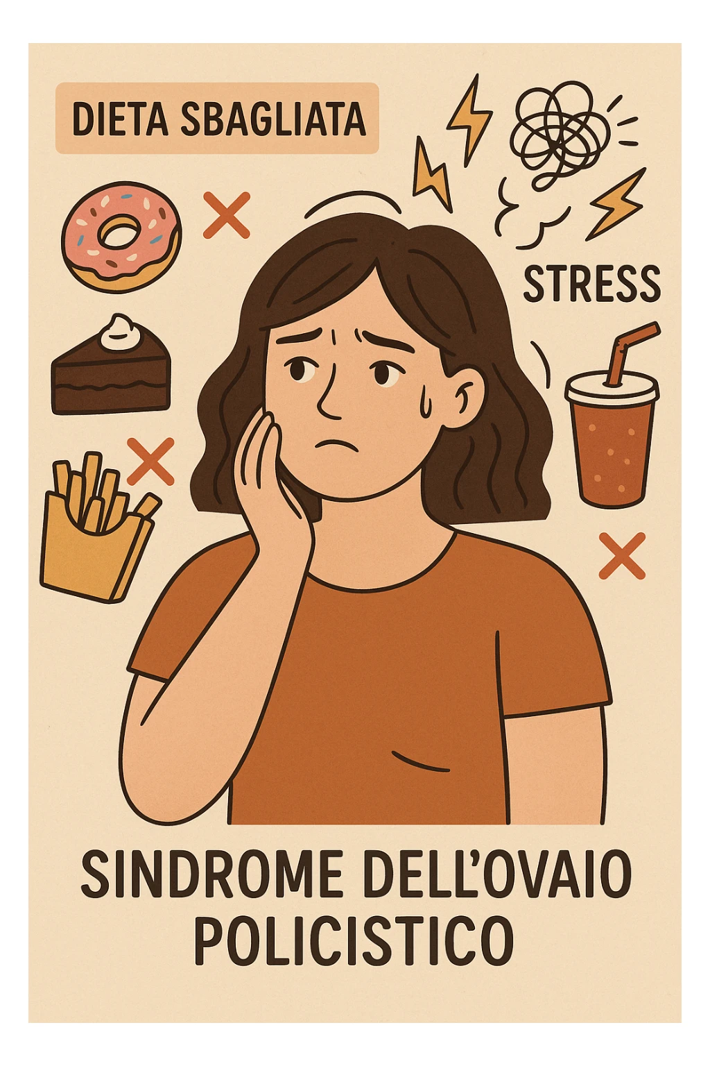 Donna con sindrome dell'ovaio policistico, dieta sbagliata e stress crescente, espressione preoccupata, simboli di errori alimentari, didascalie in italiano, aspect ratio 2:3 sticker