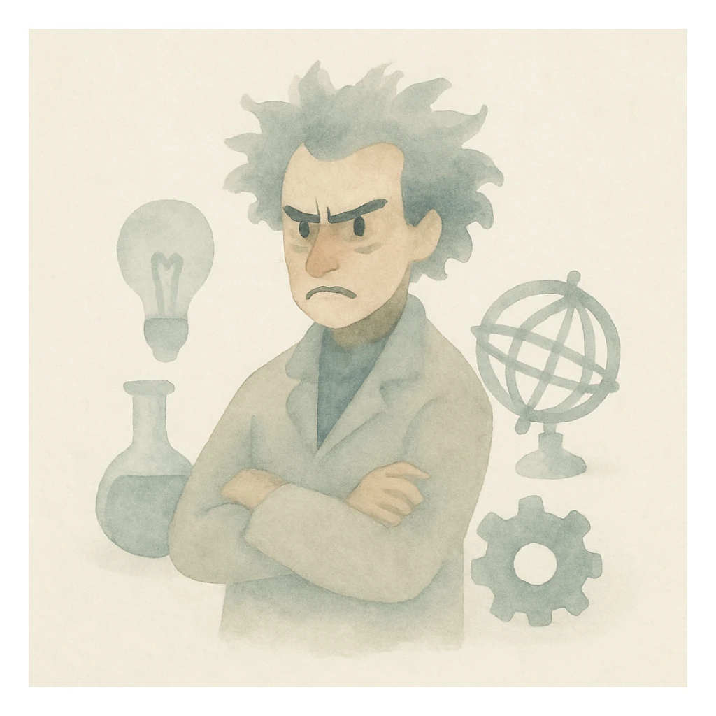 mad genius with wild hair, dramatic lighting, surrounded by inventions, painterly style sticker
