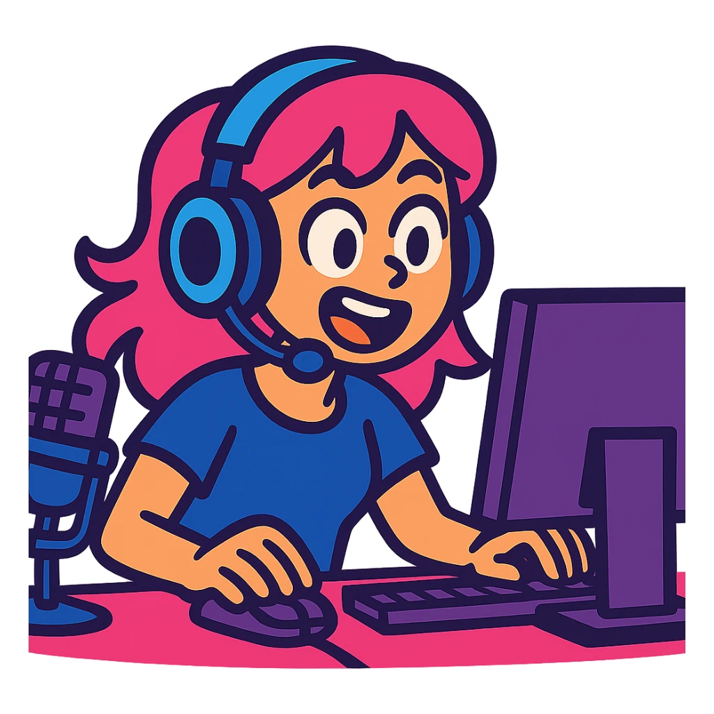 cute girl with pink hair, focused on a computer screen, streaming and gaming, vibrant and expressive sticker