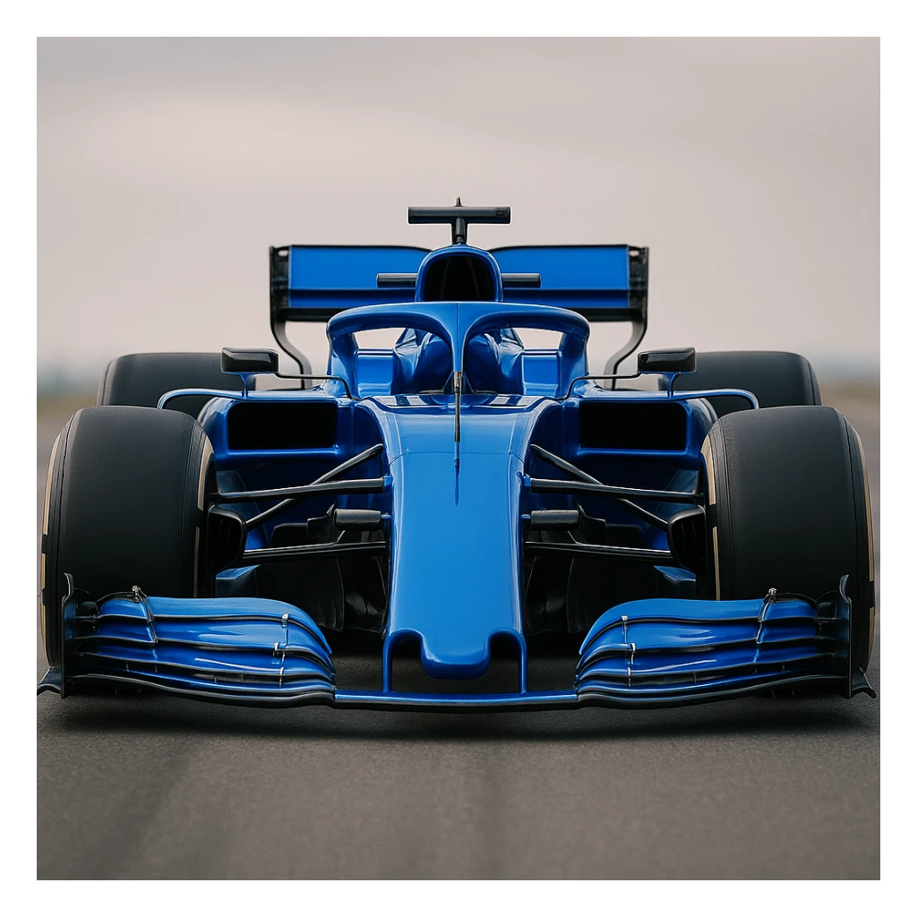 blue F1 racing car, front view, shiny details sticker