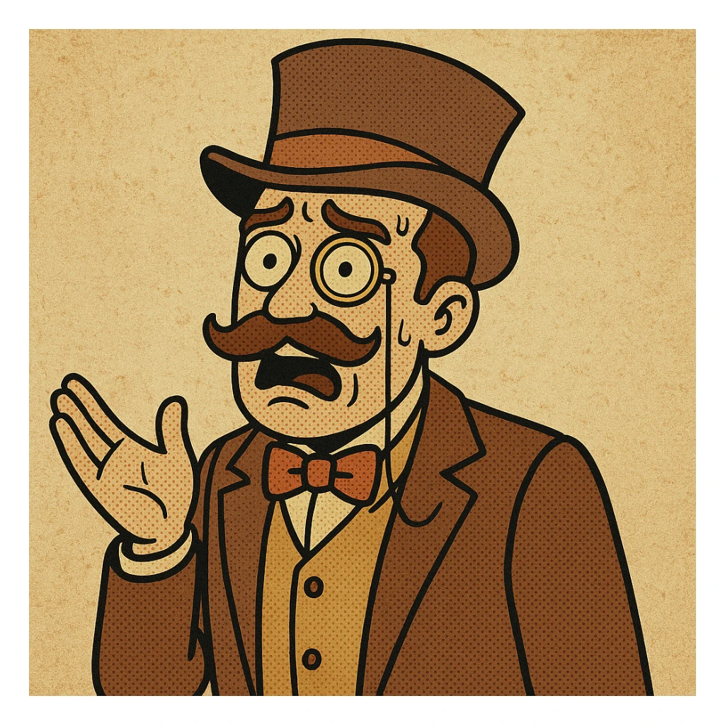 Make the character look like he is questioning something, with a puzzled expression and a questioning gesture, in the same old school comic book cartoon style. Keep the outfit and monocle. sticker