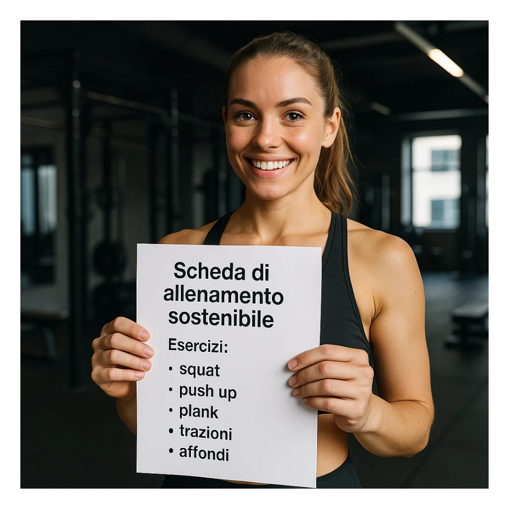Edit the image to remove the 'Consigli' section from the text on the training sheet. Keep only the text: 'Scheda di allenamento sostenibile', 'Esercizi: squat, push up, plank, trazioni, affondi'. The sustainability refers to the training path, not eco-friendly elements. Maintain a hyperrealistic style, 4K resolution, modern gym setting. sticker