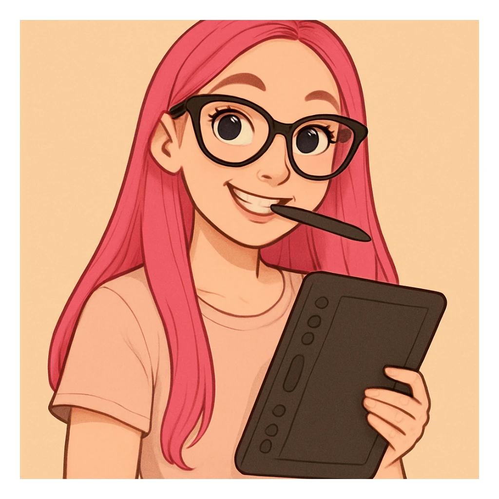 эта девушка в рисованном милом стиле, у девушки розовые длинные прямые волосы, большие выразительные голубые глаза, черные очки для зрения формы кошачий глаз, нос чуть с горбинкой, девушка улыбается а в зубах прикусывает перо от графического планшета, в другой руке держит сам планшет 
одета девушка в нюдовую пастельно-розовую рубашку, фон однородный светлый теплый беж sticker