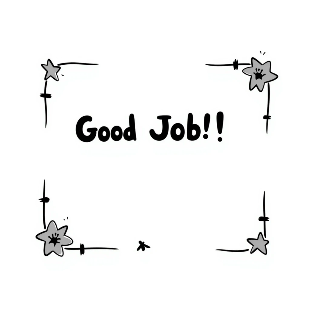 Certificate with decorative border, "Good Job!" text in the center, and stars scattered around the edges sticker