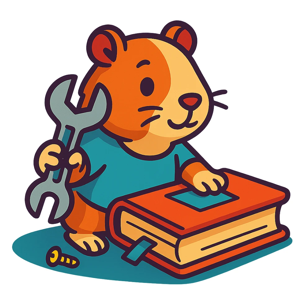 guinea pig holding a wrench and fixing a book, vibrant toon style sticker