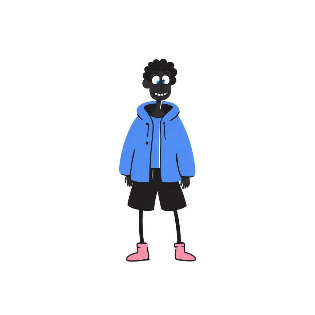 short skeleton with blue jacket, black basketball shorts, light pink slippers, blue glowing left eye sticker
