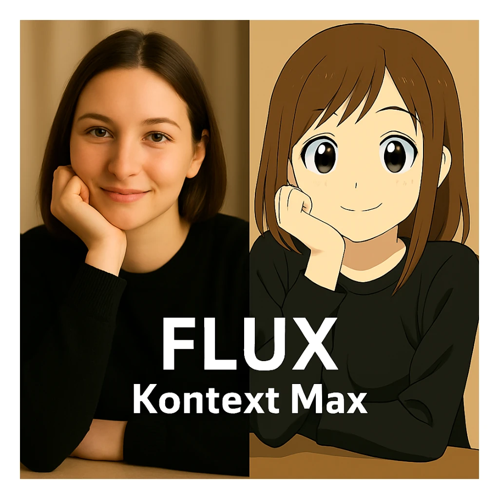 same similar image but chnage the text to "Flux Kontext Max", change people and pose too sticker