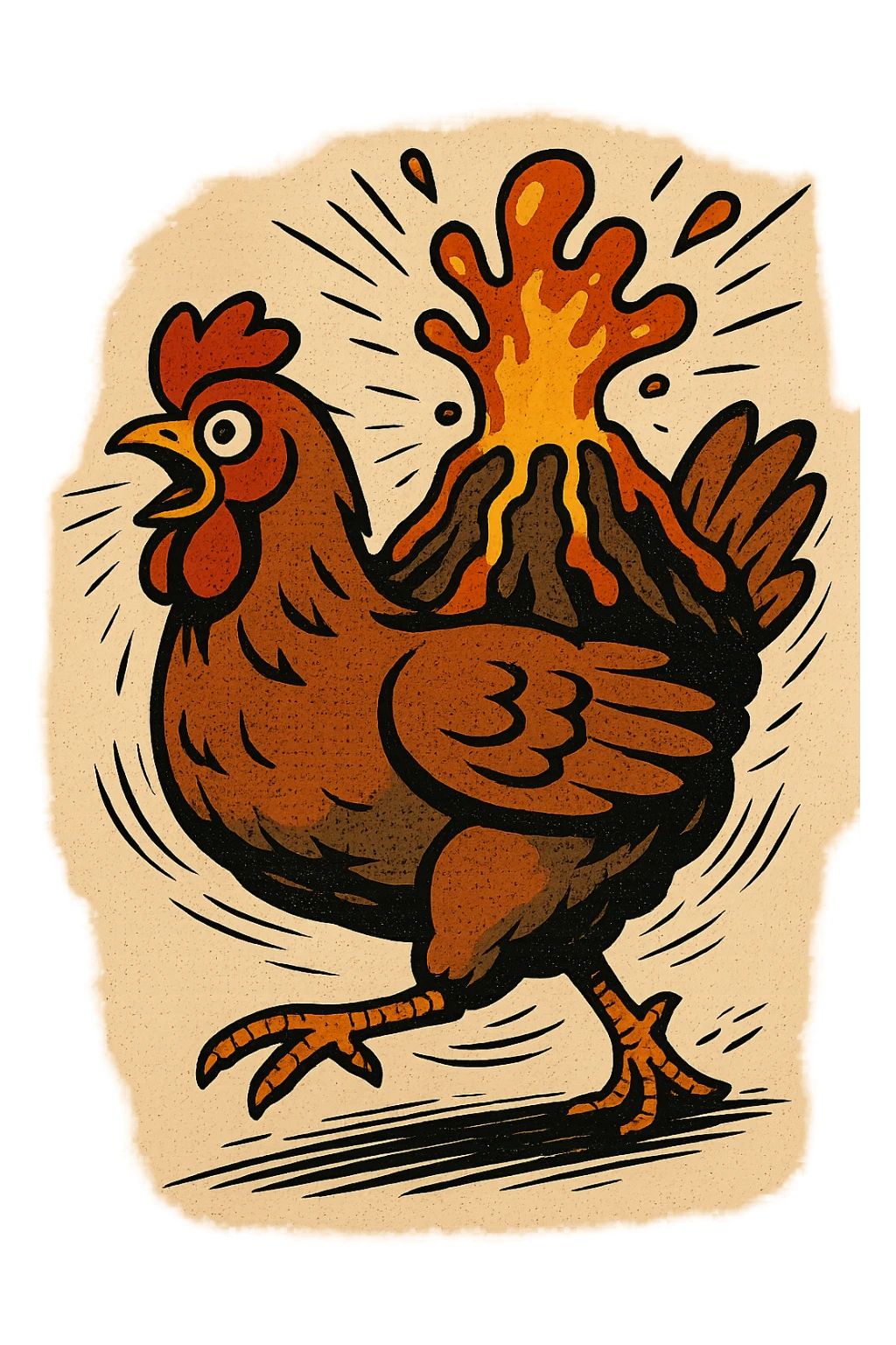 comic style illustration of a chicken with lava on its back sticker