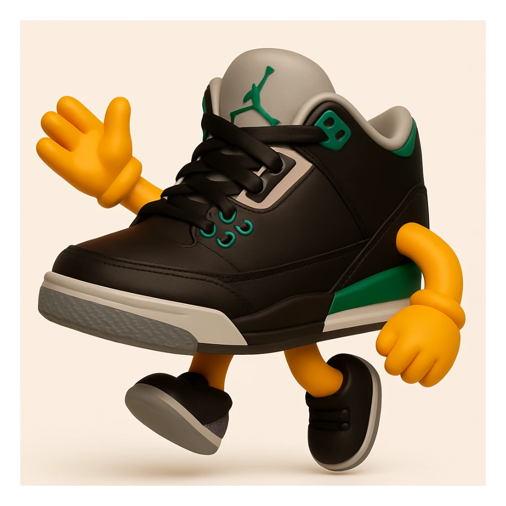 Create a sneaker character with no face, arms and legs, in a jumping pose, inspired by 3D emoji style. The style should reflect the look of Microsoft style 3D fluent emojis, focusing on the sneaker character's dynamic jumping pose. sticker