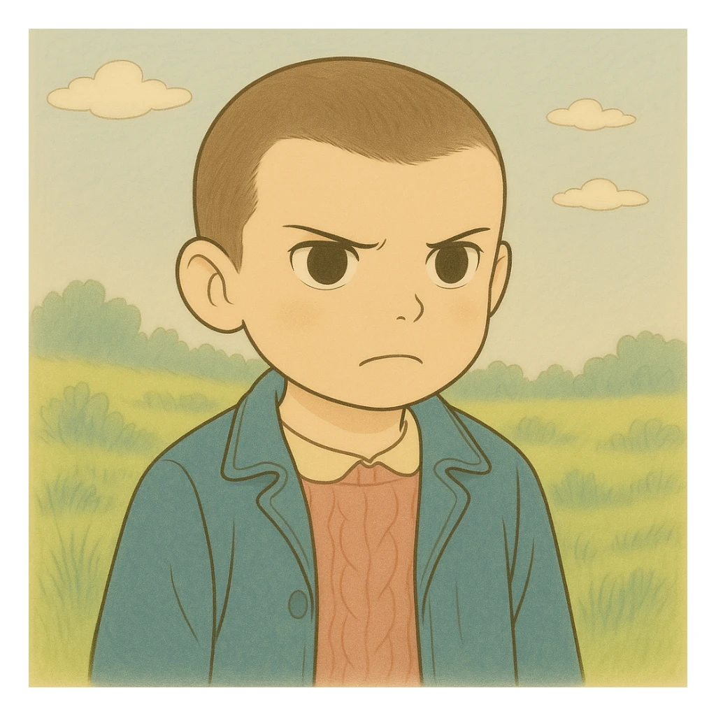 Create a version of Eleven with shaved hair, serious expression, simple and delicate line art as in the reference drawing, colored in pastel tones, with thin and dark outlines. Style: Ghibli. Format 1:1. sticker