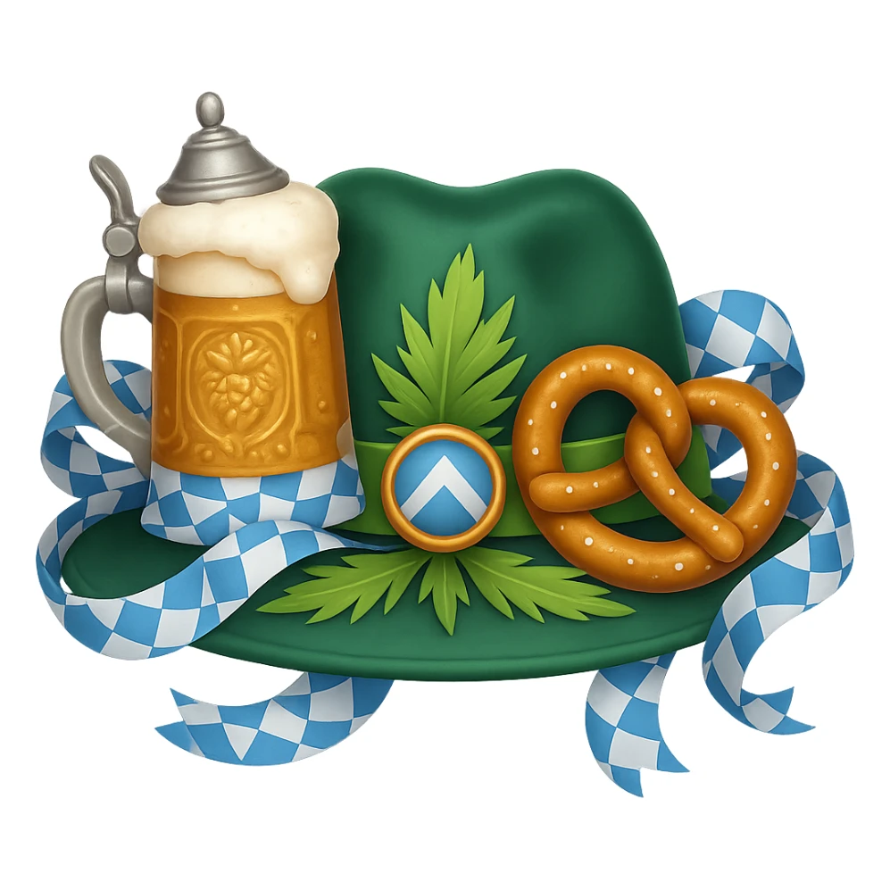 Add Oktoberfest props including a beer stein, pretzel, and blue-and-white decorations to the image. Keep the background transparent. The style should be consistent with the original image. sticker