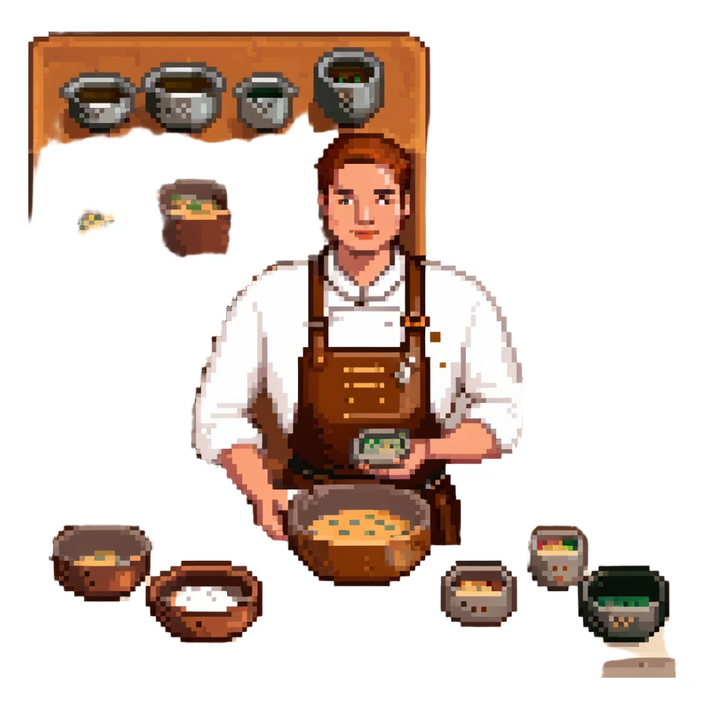 A confident journeyman baker working with copper mixing bowls, enamel measuring cups, and a leather-bound recipe book. The environment features warm lighting, brass utensils, and stitched cloth textures. UI elements resemble embossed leather tabs and metallic buttons. sticker