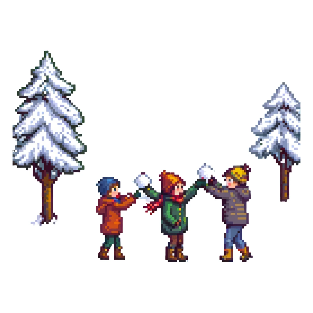 two children throwing snowballs at each other, snowy background sticker