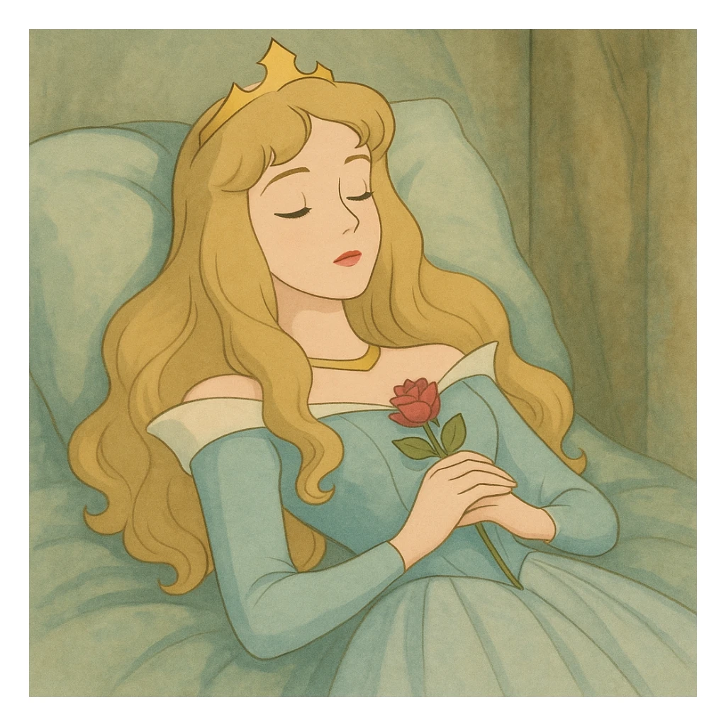 Sleeping Beauty as a dreamy princess, classic fairytale style, soft colors, elegant dress, gentle expression sticker