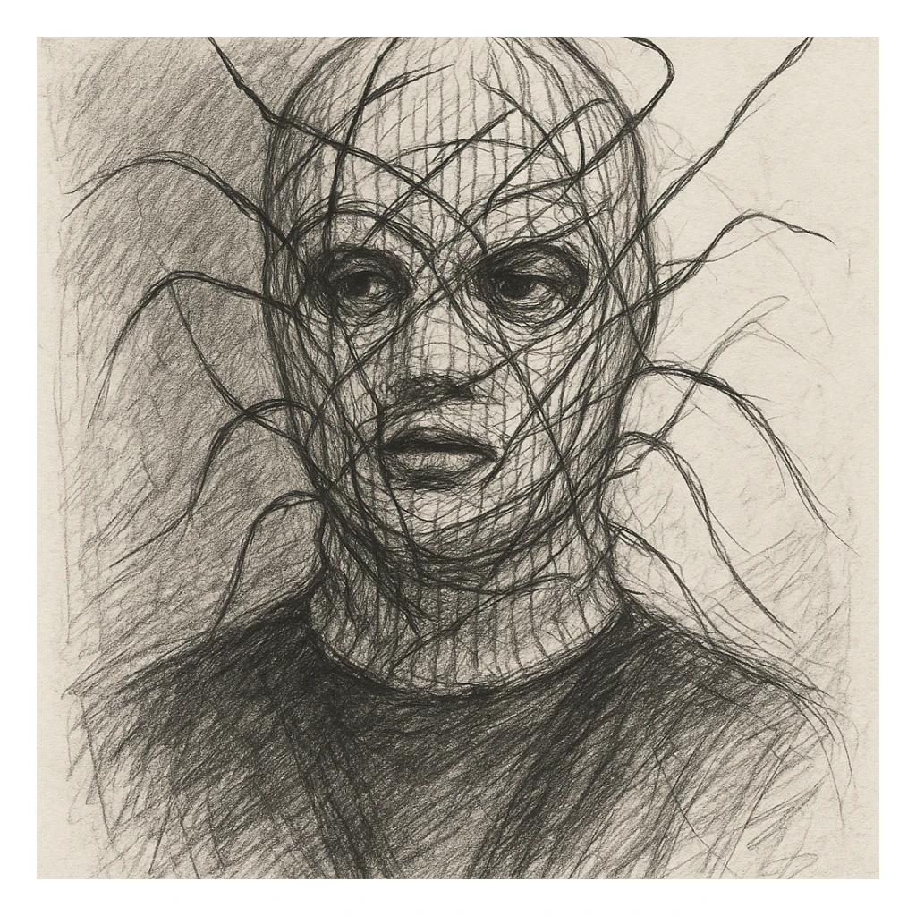 The mask is a full-head, white knitted balaclava with a tight ribbed texture. It features two asymmetrical eye openings and a partially exposed mouth area. Black thread is stitched across the surface in chaotic, abstract lines that trace facial features, giving a hand-drawn effect. Several black cords extend outward from the mask, varying in length and direction, adding a sculptural, almost organic appearance. The overall look is bold, handcrafted, and visually striking. sticker