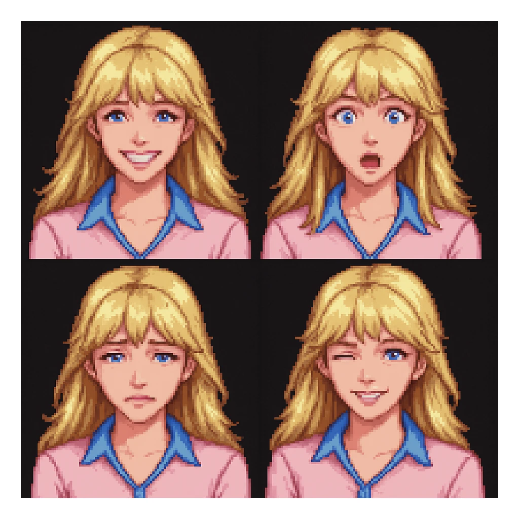 Create four different facial expressions: happy, surprised, sad, and winking. Keep the character with blonde hair with bangs, wearing a pink blouse, and having blue eyes. The style should resemble pixel art style as closely as possible. sticker