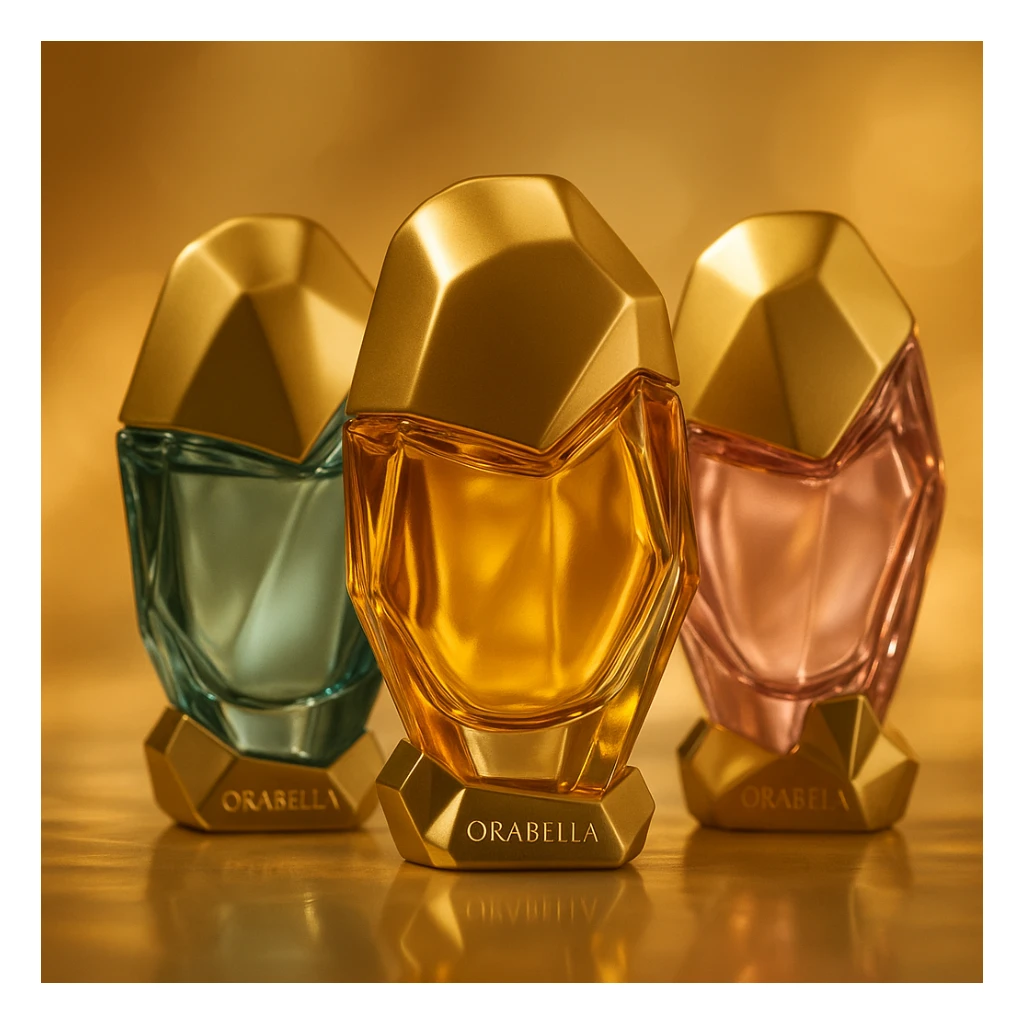 Create a cinematic, realistic 3D rendering of the Orabella fragrance bottle, matching the real design and colors, with soft focus, glowing highlights, and a premium feel. Highlight elegance and softness in the lighting. sticker